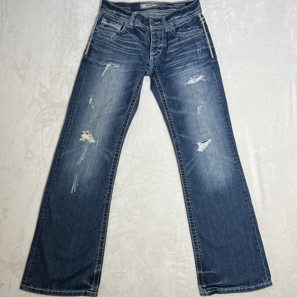 BKE Buckle Justin Mens 28x31 1/2 Distressed Straight Thick Stitch Jeans Jake EUC - Picture 5 of 16